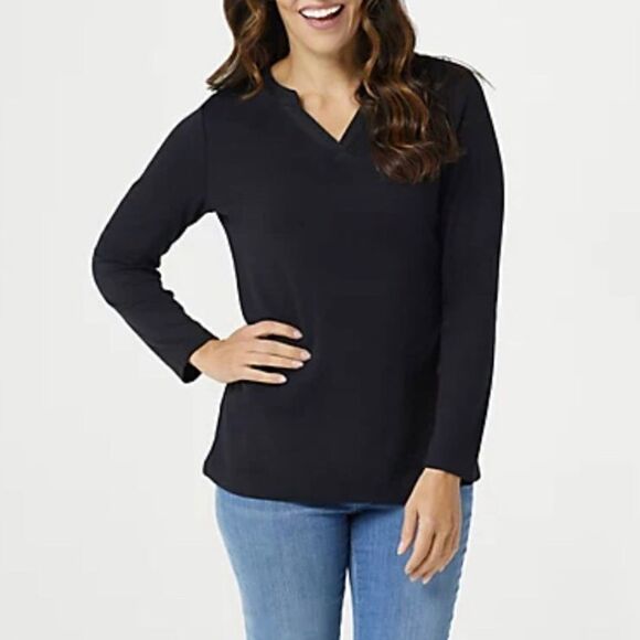 Denim & Co. Split V-Neck Long Sleeve Top - Picture 1 of 2